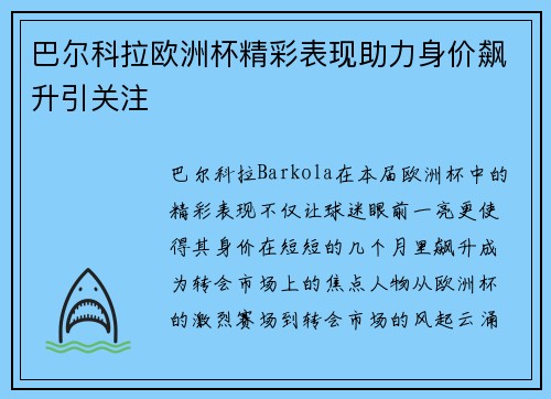 巴尔科拉欧洲杯精彩表现助力身价飙升引关注