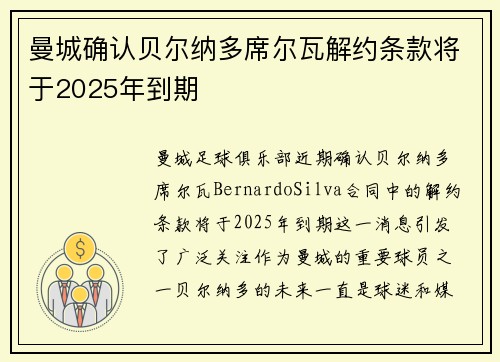 曼城确认贝尔纳多席尔瓦解约条款将于2025年到期